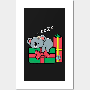 Christmas Koala Sleeping on Presents Posters and Art